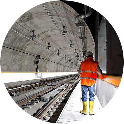 A man in an orange safety vest and hard hat stands next to train tracks in a train tunnel
